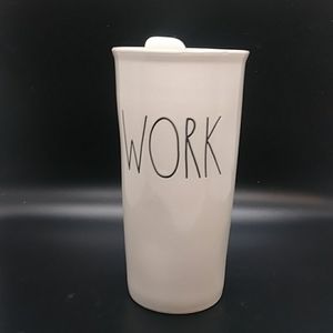 Rae Dunn "Work" Covered Coffee/ Tea Tumbler/Mug by Magenta (Artisan Collection)